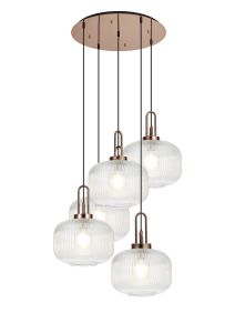 Urasawa 75cm 2.5m Round Pendant, 5 x E27, Copper/Matt Black With 30cm Pumpkin Shaped Ribbed Clear Glass
