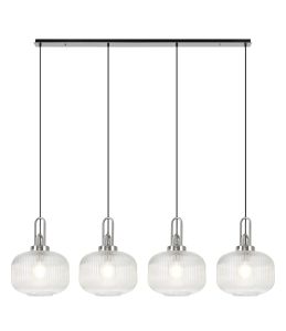 Urasawa Linear Pendant, 4 x E27, Polished Nickel/Matt Black With 30cm Pumpkin Shaped Ribbed Clear Glass