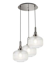 Urasawa 65cm 2m Round Pendant, 3 x E27, Polished Nickel/Matt Black With 30cm Pumpkin Shaped Ribbed Clear Glass