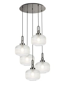 Urasawa 75cm 2.5m Round Pendant, 5 x E27, Polished Nickel/Matt Black With 30cm Pumpkin Shaped Ribbed Clear Glass