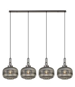Urasawa Linear Pendant, 4 x E27, Black Chrome/Matt Black With 30cm Pumpkin Shaped Ribbed Smoked Glass