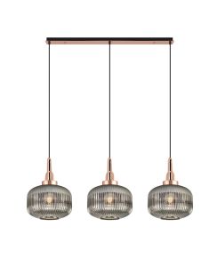 Urasawa Linear 3 Light Pendant E27, Copper/Matt Black With 30cm Pumpkin Shaped Ribbed Smoked Glass