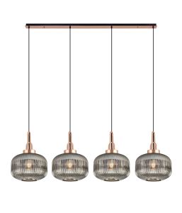 Urasawa Linear Pendant, 4 x E27, Copper/Matt Black With 30cm Pumpkin Shaped Ribbed Smoked Glass