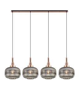 Urasawa Linear Suspension Kit, 4 x E27, Copper/Matt Black With 30cm Pumpkin Shaped Ribbed Smoked Glass