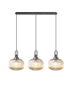 Urasawa Linear 3 Light Pendant E27, Aged Pewter/Matt Black With 30cm Pumpkin Shaped Ribbed Champagne Glass