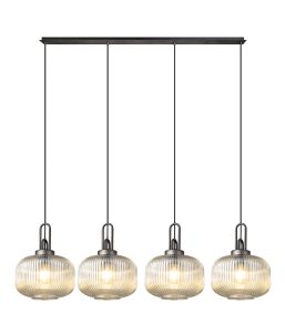 Urasawa Linear Pendant, 4 x E27, Aged Pewter/Matt Black With 30cm Pumpkin Shaped Ribbed Champagne Glass