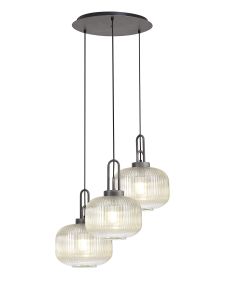 Urasawa 65cm 2m Round Pendant, 3 x E27, Pewter/Matt Black With 30cm Pumpkin Shaped Ribbed Champagne Glass