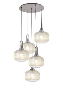 Urasawa 75cm 2.5m Round Pendant, 5 x E27, Pewter/Matt Black With 30cm Pumpkin Shaped Ribbed Champagne Glass