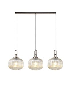 Urasawa Linear 3 Light Pendant E27, Antique Silver/Matt Black With 30cm Pumpkin Shaped Ribbed Champagne Glass