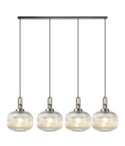 Urasawa Linear Pendant, 4 x E27, Antique Silver/Matt Black With 30cm Pumpkin Shaped Ribbed Champagne Glass