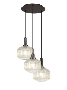 Urasawa 65cm 2m Round Pendant, 3 x E27, Antique Silver/Matt Black With 30cm Pumpkin Shaped Ribbed Champagne Glass