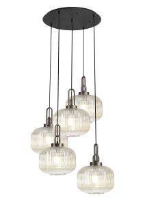 Urasawa 75cm 2.5m Round Pendant, 5 x E27, Antique Silver/Matt Black With 30cm Pumpkin Shaped Ribbed Champagne Glass