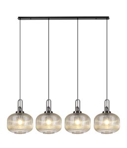 Urasawa Linear Pendant, 4 x E27, Black Chrome/Matt Black With 30cm Pumpkin Shaped Ribbed Champagne Glass