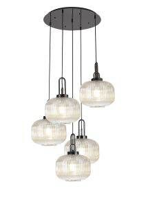 Urasawa 75cm 2.5m Round Pendant, 5 x E27, Black Chrome/Matt Black With 30cm Pumpkin Shaped Ribbed Champagne Glass