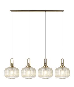 Urasawa Linear Pendant, 4 x E27, Brass Gold/Matt Black With 30cm Pumpkin Shaped Ribbed Champagne Glass
