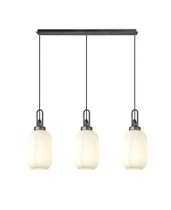 Urasawa Linear 3 Light Pendant With 20cm Tubular Ribbed Glass, Aged Pewter/Matt Black Opal