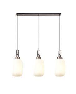 Urasawa Linear 3 Light Pendant With 20cm Tubular Ribbed Glass, Antique Silver/Matt Black Opal