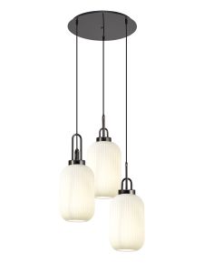 Urasawa 55cm Round 3 Light Pendant With 20cm Tubular Ribbed Glass, Black Chrome/Matt Black Opal