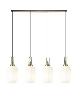 Urasawa Linear 4 Light Pendant With 20cm Tubular Ribbed Glass, Brass Gold/Matt Black Opal