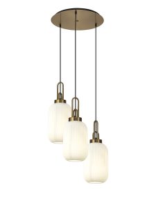 Urasawa 55cm Round 3 Light Pendant With 20cm Tubular Ribbed Glass, Brass Gold/Matt Black Opal