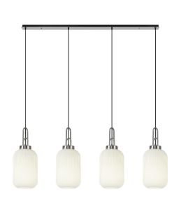 Urasawa Linear 4 Light Pendant With 20cm Tubular Ribbed Glass, Polished Nickel/Matt Black Opal