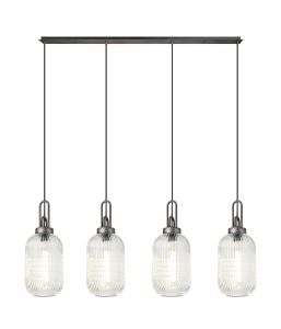 Urasawa Linear 4 Light Pendant With 20cm Tubular Ribbed Glass, Aged Pewter/Matt Black Clear