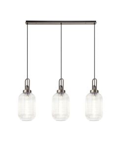 Urasawa Linear 3 Light Pendant With 20cm Tubular Ribbed Glass, Antique Silver/Matt Black Clear