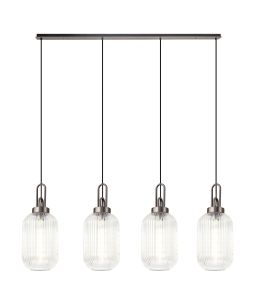 Urasawa Linear 4 Light Pendant With 20cm Tubular Ribbed Glass, Antique Silver/Matt Black Clear