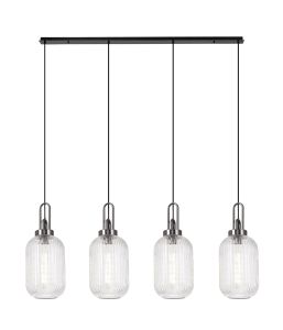 Urasawa Linear 4 Light Pendant With 20cm Tubular Ribbed Glass, Black Chrome/Matt Black Clear