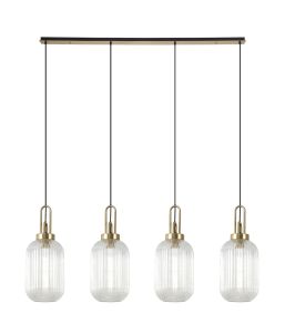 Urasawa Linear 4 Light Pendant With 20cm Tubular Ribbed Glass, Brass Gold/Matt Black Clear