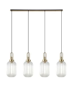 Urasawa Linear 4 Light Pendant With 20cm Tubular Ribbed Glass, Brass Gold/Matt Black Clear