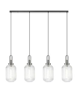 Urasawa Linear 4 Light Pendant With 20cm Tubular Ribbed Glass, Polished Nickel/Matt Black Clear