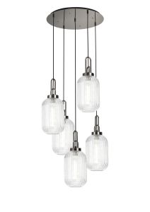 Urasawa Round 5 Light Pendant With 20cm Tubular Ribbed Glass, Polished Nickel/Matt Black Clear