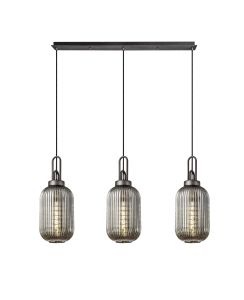 Urasawa Linear 3 Light Pendant With 20cm Tubular Ribbed Glass, Aged Pewter/Matt Black Smoked