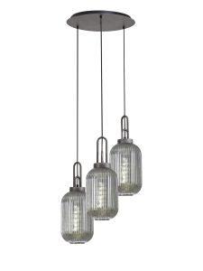 Urasawa 55cm Round 3 Light Pendant With 20cm Tubular Ribbed Glass, Aged Pewter/Matt Black Smoked