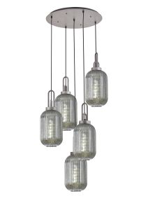 Urasawa Round 5 Light Pendant With 20cm Tubular Ribbed Glass, Aged Pewter/Matt Black Smoked