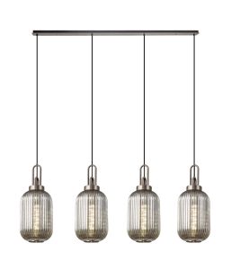 Urasawa Linear 4 Light Pendant With 20cm Tubular Ribbed Glass, Antique Silver/Matt Black Smoked