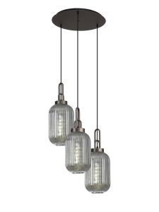 Urasawa 55cm Round 3 Light Pendant With 20cm Tubular Ribbed Glass, Antique Silver/Matt Black Smoked