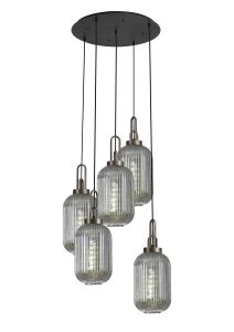 Urasawa Round 5 Light Pendant With 20cm Tubular Ribbed Glass, Antique Silver/Matt Black Smoked