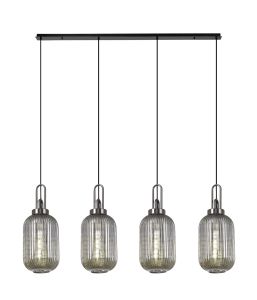 Urasawa Linear 4 Light Pendant With 20cm Tubular Ribbed Glass, Black Chrome/Matt Black Smoked