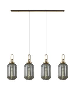 Urasawa Linear 4 Light Pendant With 20cm Tubular Ribbed Glass, Brass Gold/Matt Black Smoked