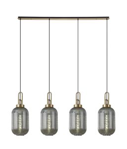 Urasawa Linear 4 Light Pendant With 20cm Tubular Ribbed Glass, Brass Gold/Matt Black Smoked