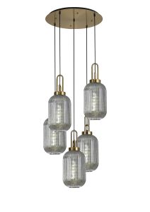 Urasawa Round 5 Light Pendant With 20cm Tubular Ribbed Glass, Brass Gold/Matt Black Smoked