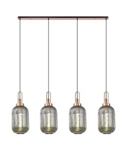 Urasawa Linear 4 Light Pendant With 20cm Tubular Ribbed Glass, Copper/Matt Black Smoked