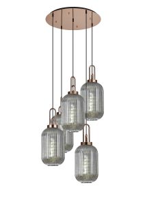Urasawa 65cm Round 5 Light Pendant With 20cm Tubular Ribbed Glass, Copper/Matt Black Smoked