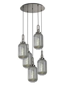 Urasawa Round 5 Light Pendant With 20cm Tubular Ribbed Glass, Polished Nickel/Matt Black Smoked