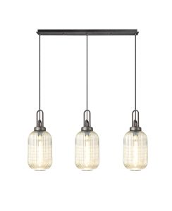 Urasawa Linear 3 Light Pendant With 20cm Tubular Ribbed Glass, Aged Pewter/Matt Black Champagne