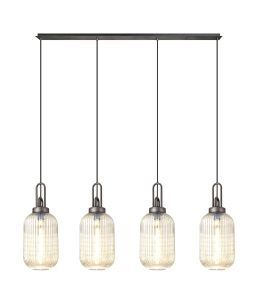 Urasawa Linear 4 Light Pendant With 20cm Tubular Ribbed Glass, Aged Pewter/Matt Black Champagne