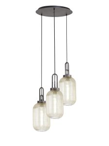 Urasawa 55cm Round 3 Light Pendant With 20cm Tubular Ribbed Glass, Aged Pewter/Matt Black Champagne