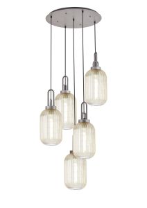 Urasawa 65cm Round 5 Light Pendant With 20cm Tubular Ribbed Glass, Aged Pewter/Matt Black Champagne